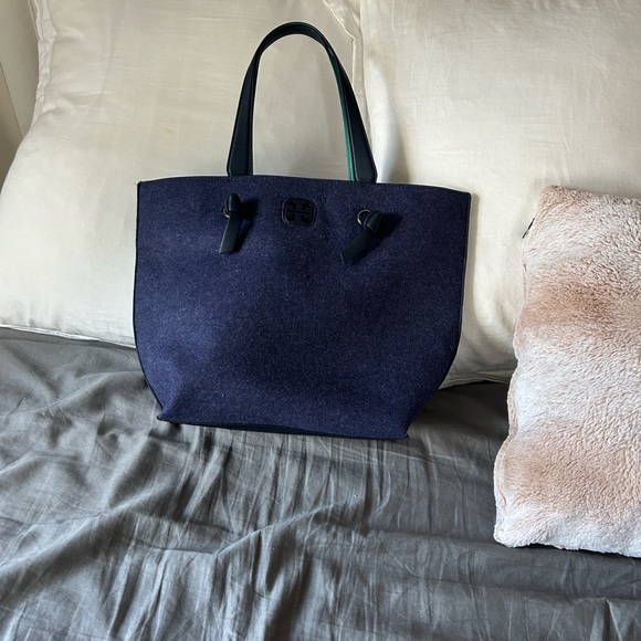 Tory Burch Navy and Teal Felt Colorblock Tote Bag - Picture 3 of 10